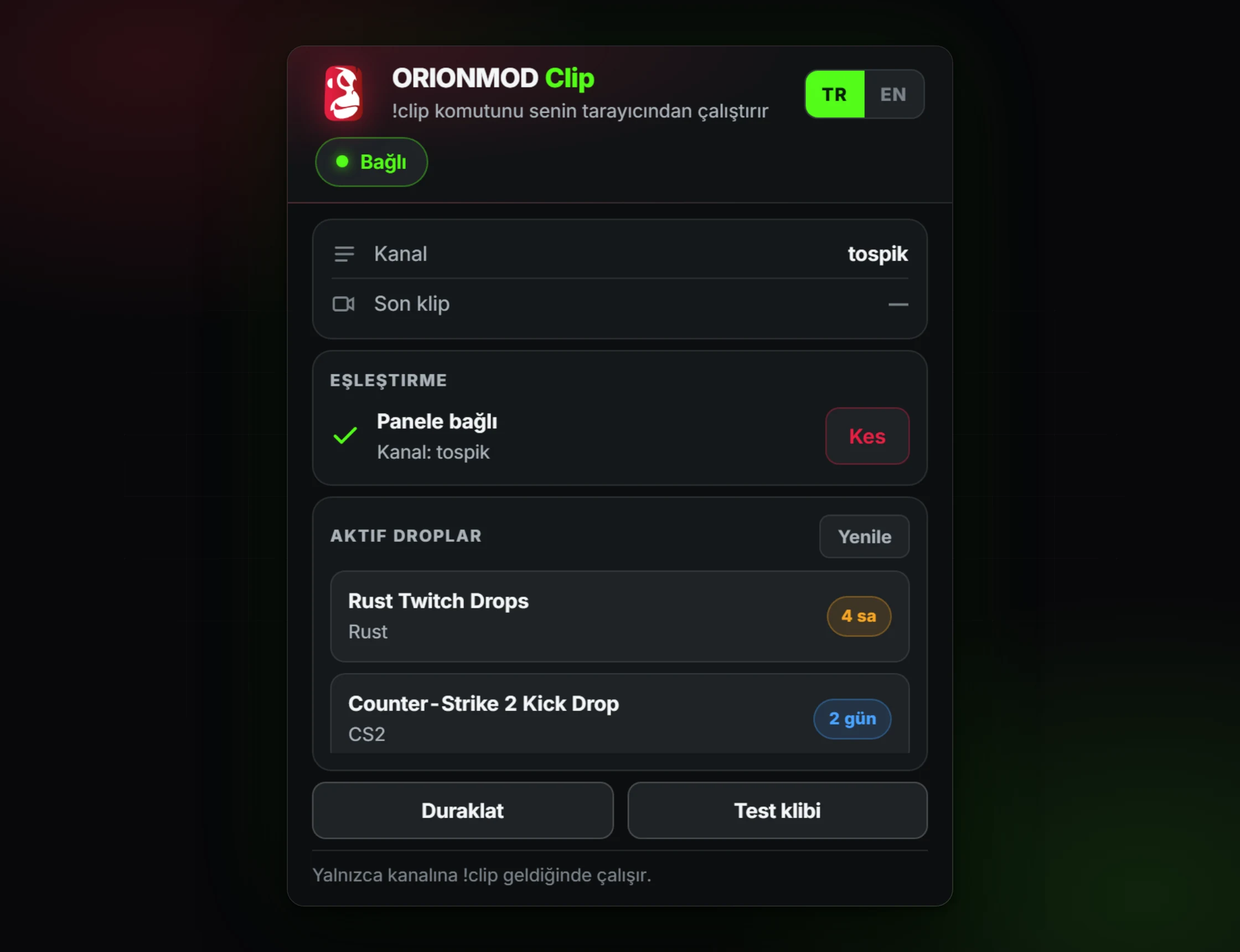 ORIONMOD Clip Helper eklenti penceresi