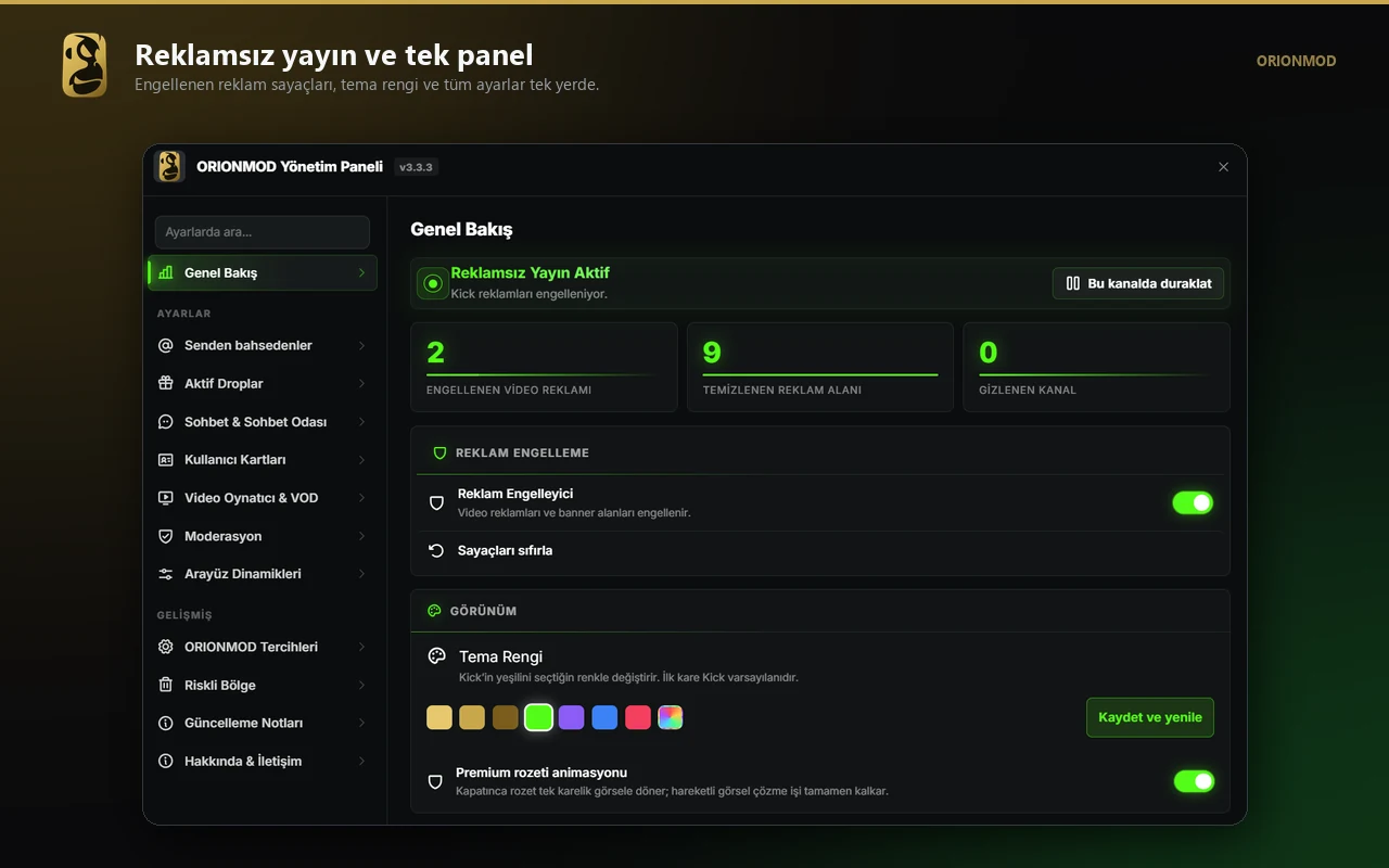 ORIONMOD yönetim paneli genel bakış sayfası