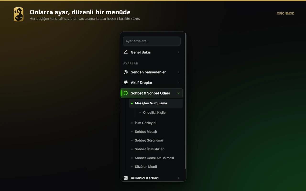 ORIONMOD panel menüsü ve alt sayfaları
