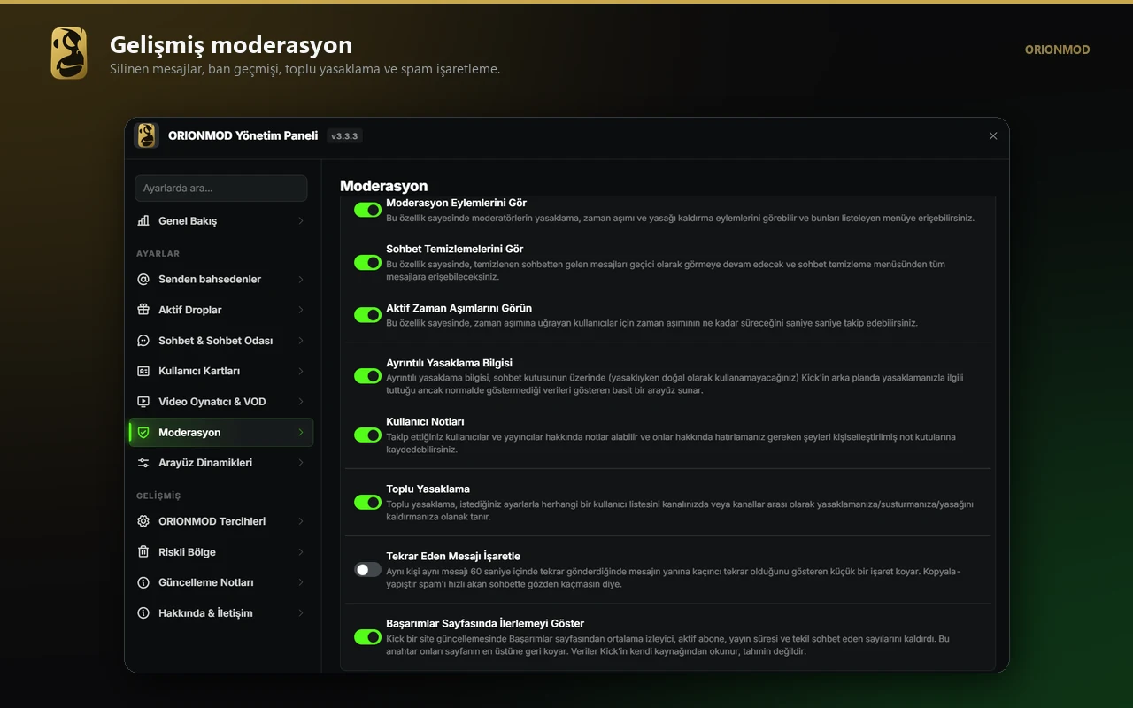 ORIONMOD moderasyon ayarları sayfası