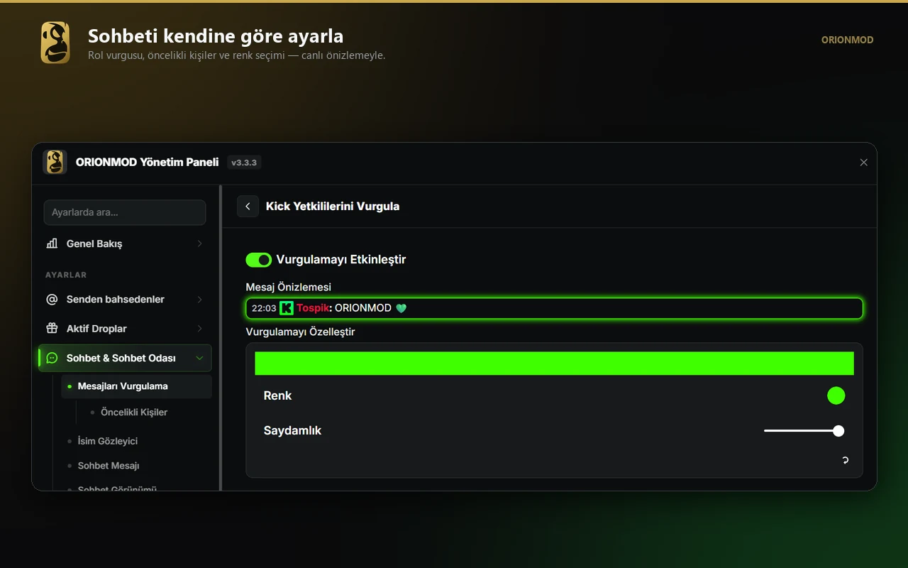 ORIONMOD rol vurgulama ayarı ve canlı önizleme