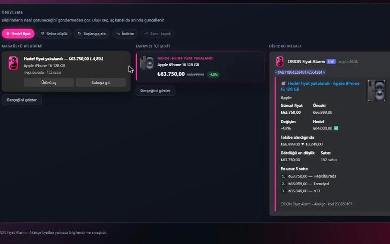 ORION Fiyat Alarmı masaüstü bildirimi, sayfa içi şerit ve Discord mesajı önizlemesi