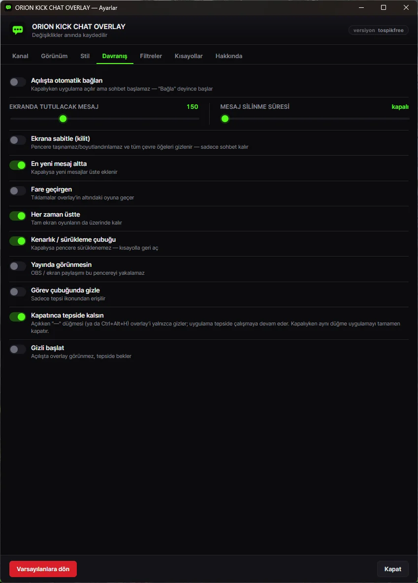 Overlay davranış ayarları