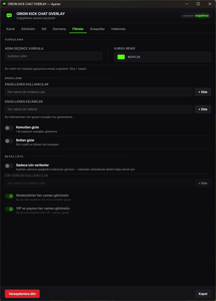 Overlay filtre ayarları