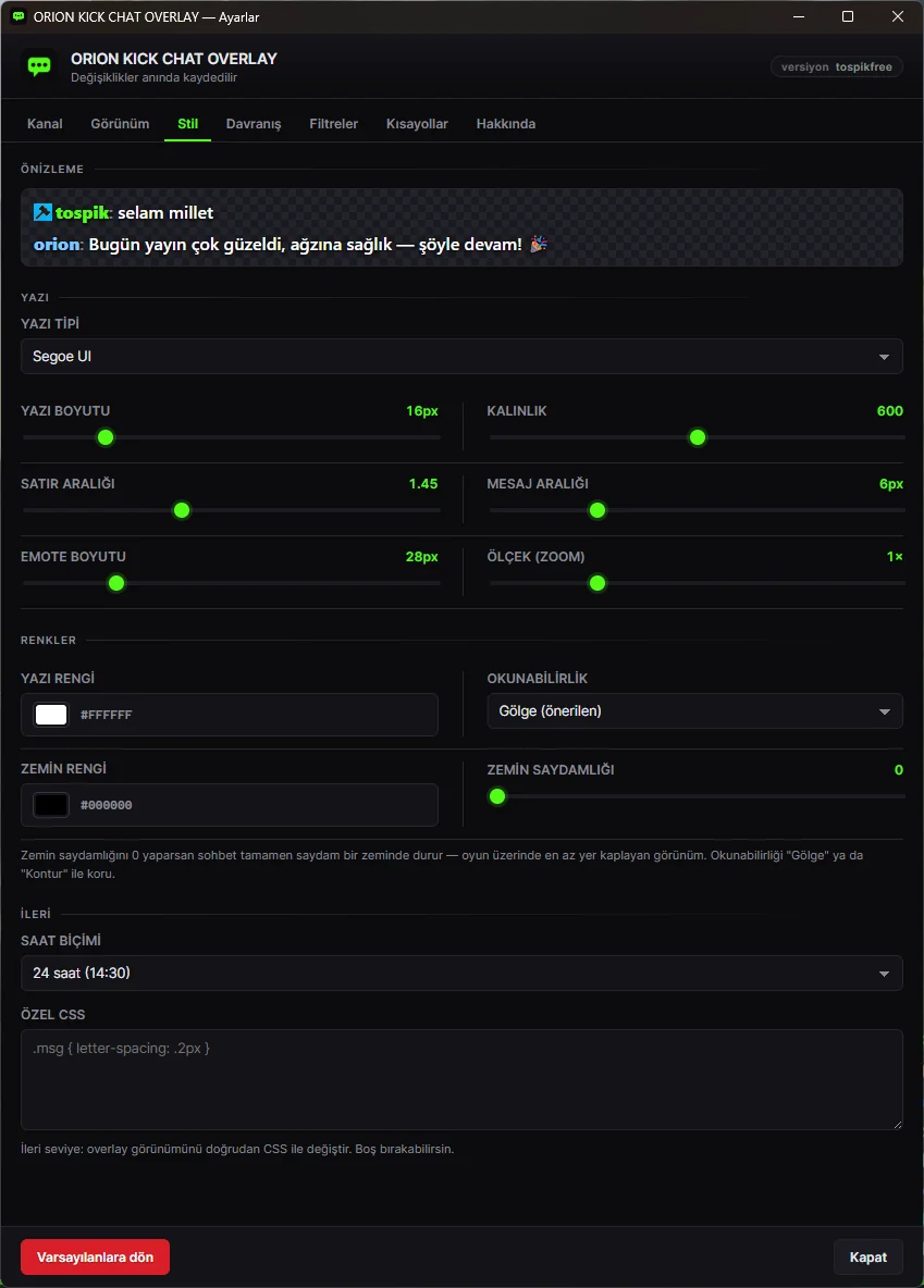 Overlay stil ayarları